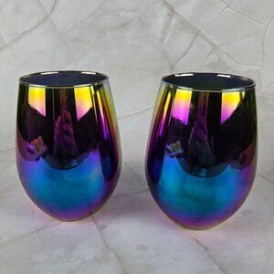 Rainbow Fusion Stemless Wine Glasses Set of 2 Glass Mirror Reflective Glass